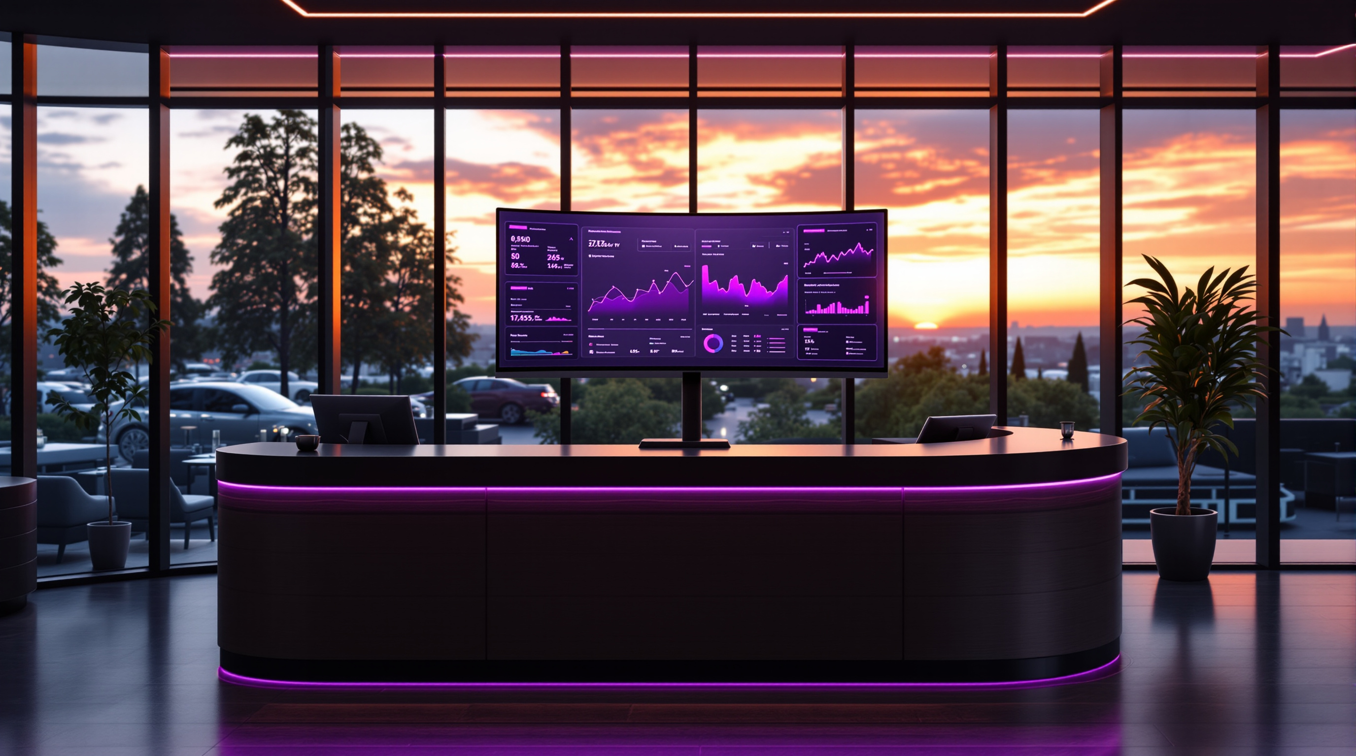Modern dental practice front desk at golden hour with analytics dashboards